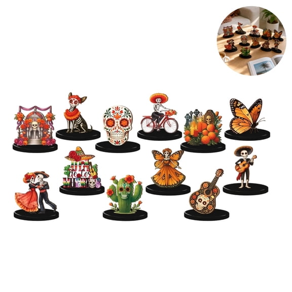 12Pcs Day of the Dead Wooden Tabletop Decor Set, Wooden Cutout Signs with Base, Dia de los Muertos Table Centerpiece Ornaments for Fiesta Home Party Decor