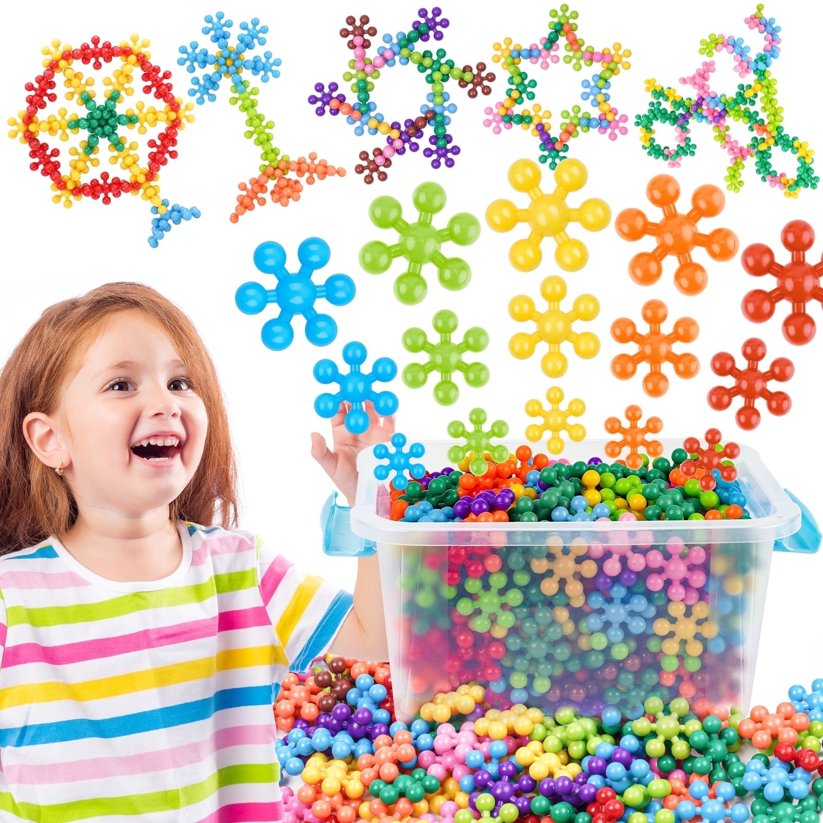 NiToy Snowflake Interlocking Building Block Educational Toy 300PCS for Kids Ages 3+, Multi-Color Solid Plastic Early Learning Creativity STEM Toy with Carrying Case Safe Material