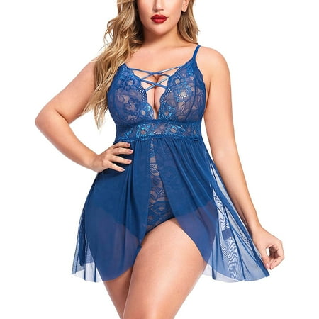 

EKOUSN Plus Size Lingerie For Women Sexy Satin Nightgown Lace Babydoll Side Slit Strappy Chemise