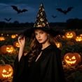 thumbnail image 4 of Halloween Witch Hat Costume, Black Pointed Wizard Hat With Gold Print Fringe Trim For Adults Kids Role Play Party Outfit, Gothic Halloween Dress Up Accessory For Hau*nted Hous Festival Events, 4 of 6
