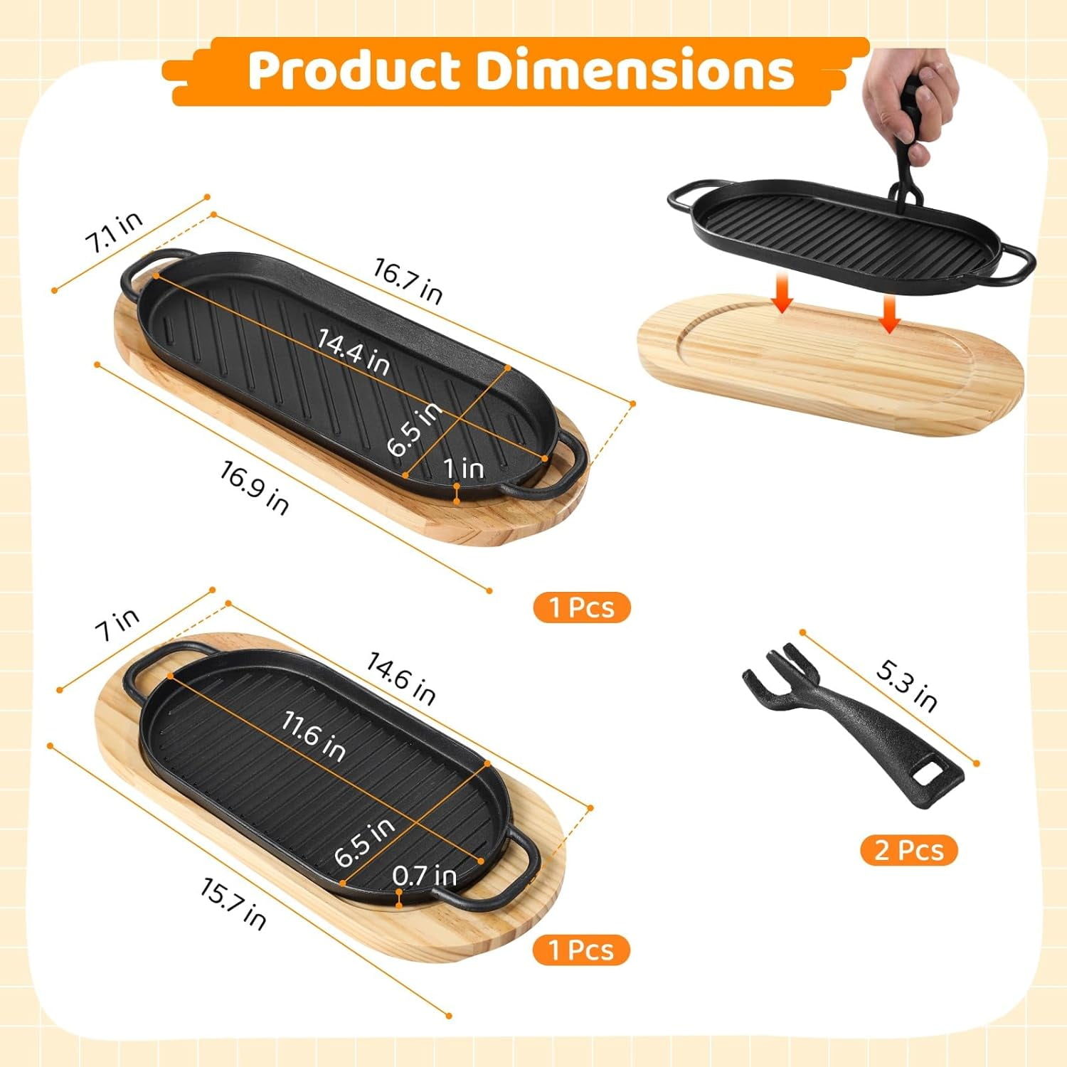 Cast Iron Skillet Set 2 PCS Fajita Plate Sizzling Pan with Wooden Base Removable Handle for Outdoor Grilling BBQ Kitchen Cooking