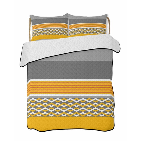 Quilts King Size Bedding Set, Yellow Grey Stripes Lightweight Quilted Comforter, Abstract Lines Geometric Modern Art Soft Reversible Bedspread Coverlet with Pillow Covers for All Season, 96" x 106"