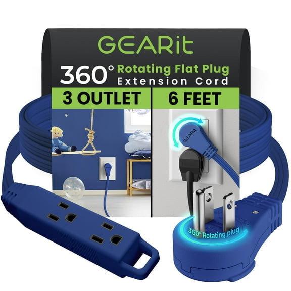 GEARit 360 Rotating Flat Plug Short Extension Cord with 3 Outlets (6ft, Navy) 16AWG/13A 3 Prong Wire, Outlet Saver for Home Office Dorm Room Essentials, ETL Certified