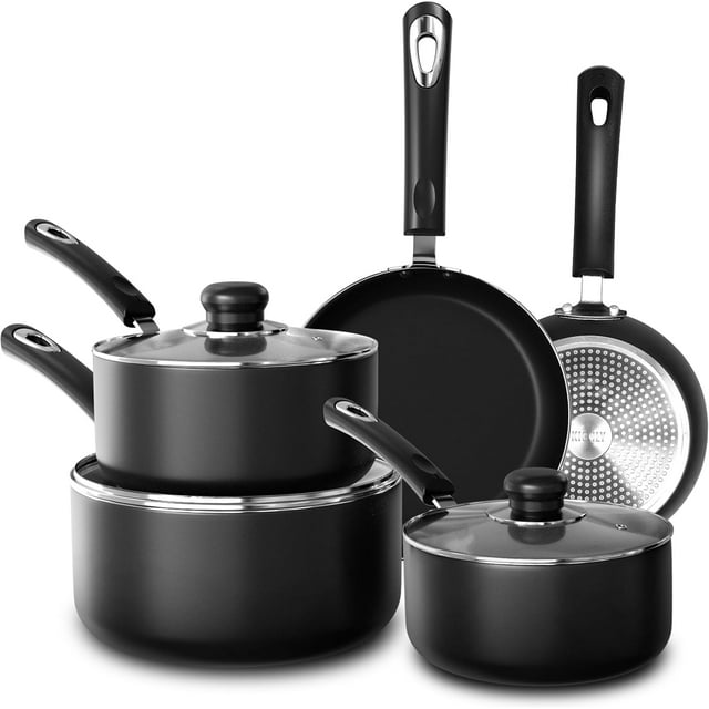 8 Pieces Pots and Pans Set, Non Stick Kitchen Cookware Set, Induction Frying Pans 20cm, 28cm, Saucepan with Lids 20cm, 18cm, Non Induction Saucepan 16cm, Pots and Pans Set Nonstick, Black