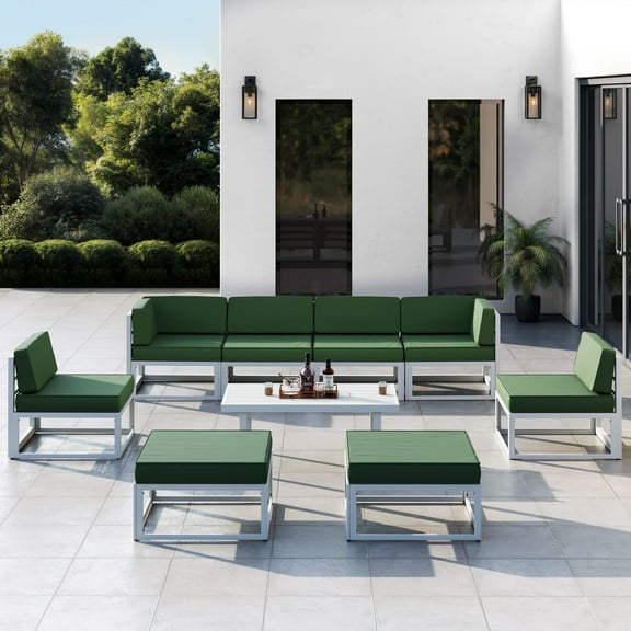 MRUAKA Aluminum Patio Furniture Set, 9 Pcs Metal Modern Outdoor Sofa Sets, Outdoor Sectional Patio Conversation Set with Coffee Table for Backyard, Green (Included Waterproof Covers)
