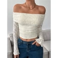 thumbnail image 4 of Camiseta de Larga con Hombros Descubiertos y Ribete de Encaje para Mujer, Estilo Y2K, con Doble Forro y Tendencia Crema S, 4 of 7