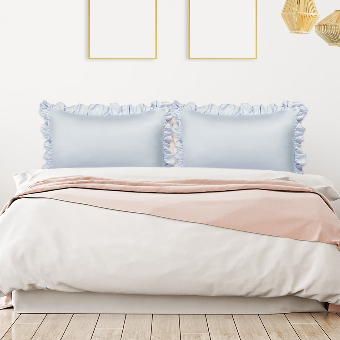 Unique Bargains 4-Piece Satin Ruffled Edge Pillow Shams, Standard, Silver