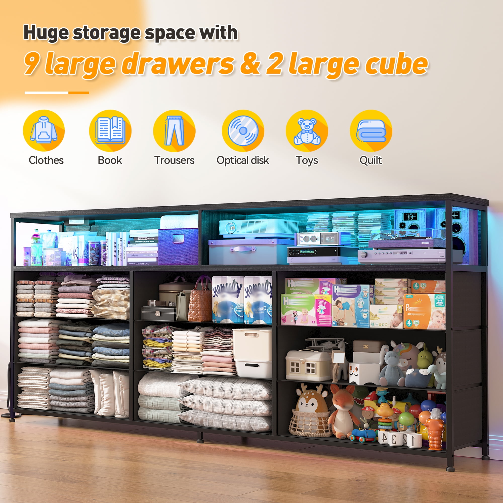 EnHomee Black Dressers TV Stand for 65"TV LED Dresser for Bedroom with 9 Fabric Drawers & Power Outlet, 55.12"Lx11.81"Wx35.43"H