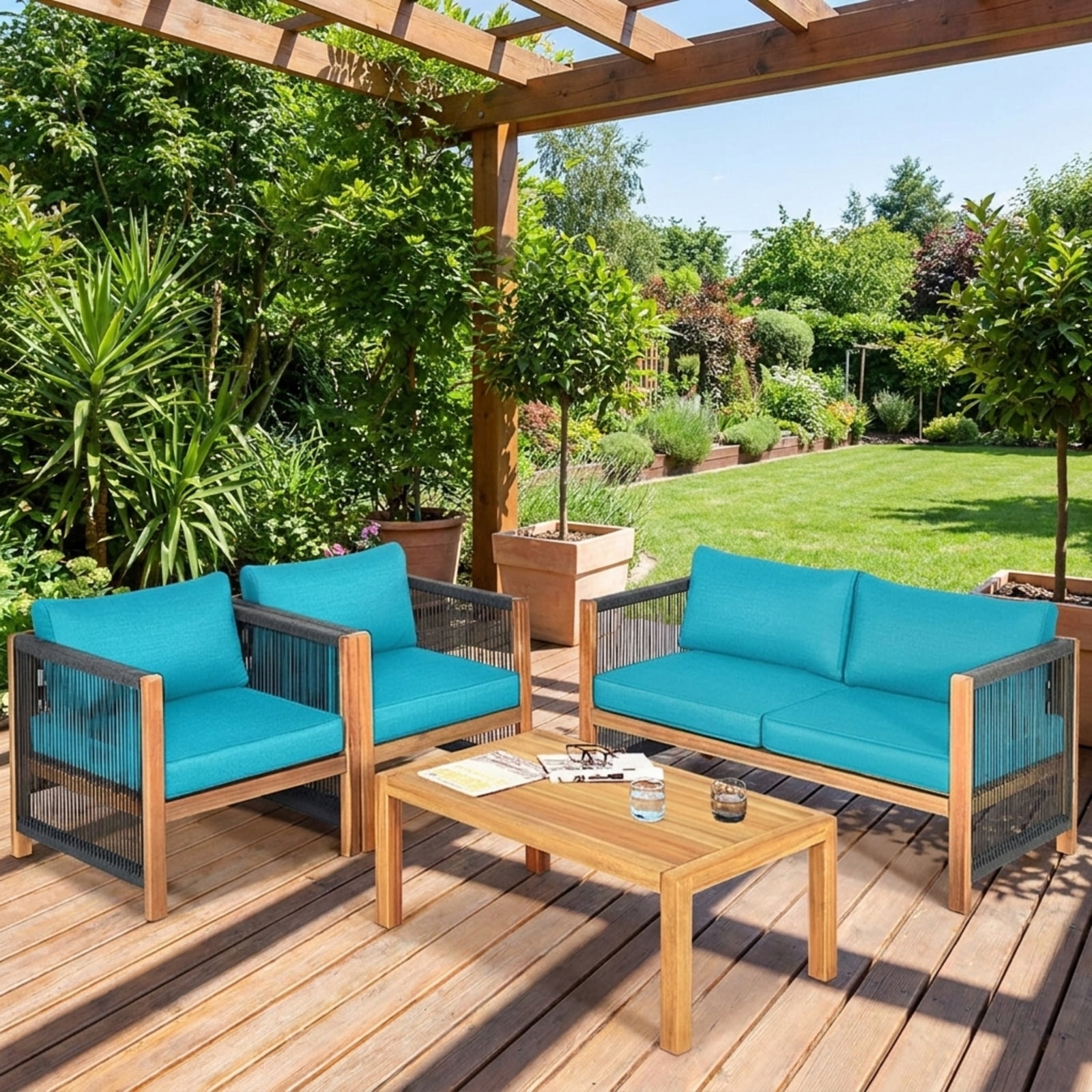 Biotree 4 Piece Acacia Wood Patio Furniture Set outdoor conversation set with cushions and coffee table for garden backyard and porch, Turquoise