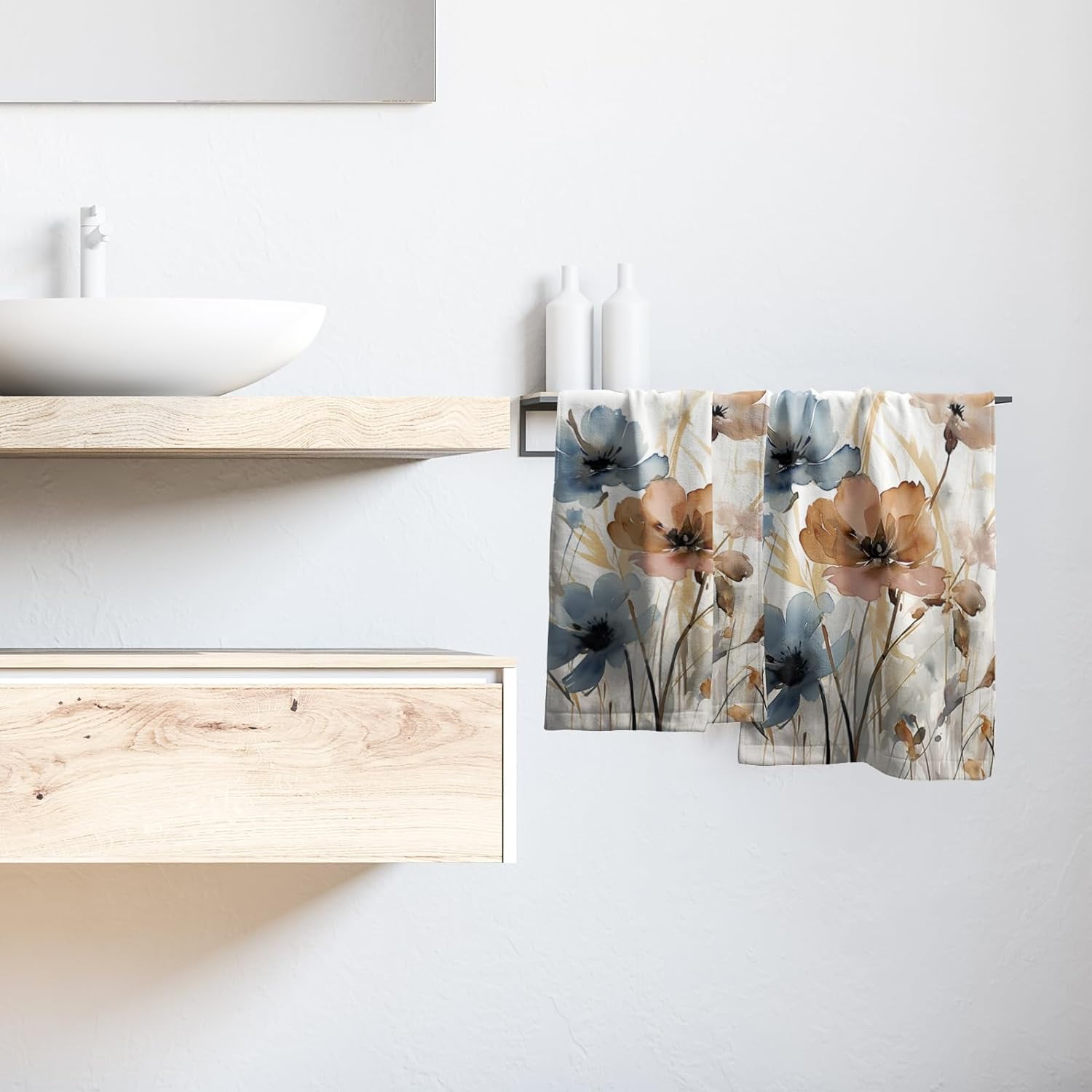 Floral Art Kitchen Hand Towels -  Flowers Bath Towel Set of 2 Wildflower Dish Cloth Blossom Washcloth for Spring Summer Seasonal Decor