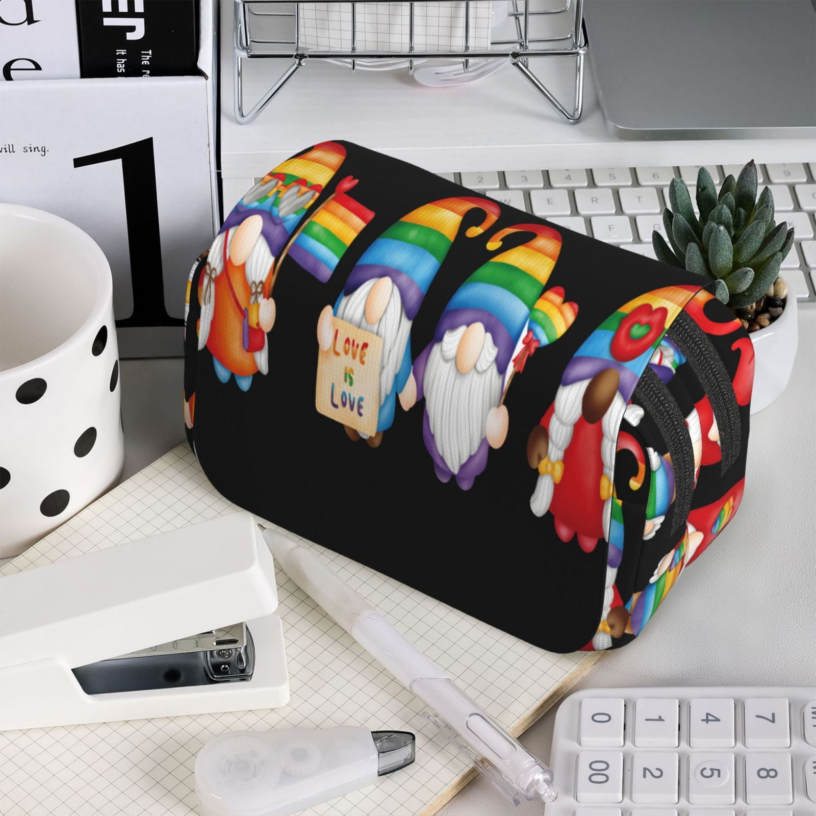 Rateoe Happy Pride Gnome Pattern Double Clamshell Pen Case, Storage Organizer with Two Zipper Compartments– Holds Up to 50 Pencils & Pens