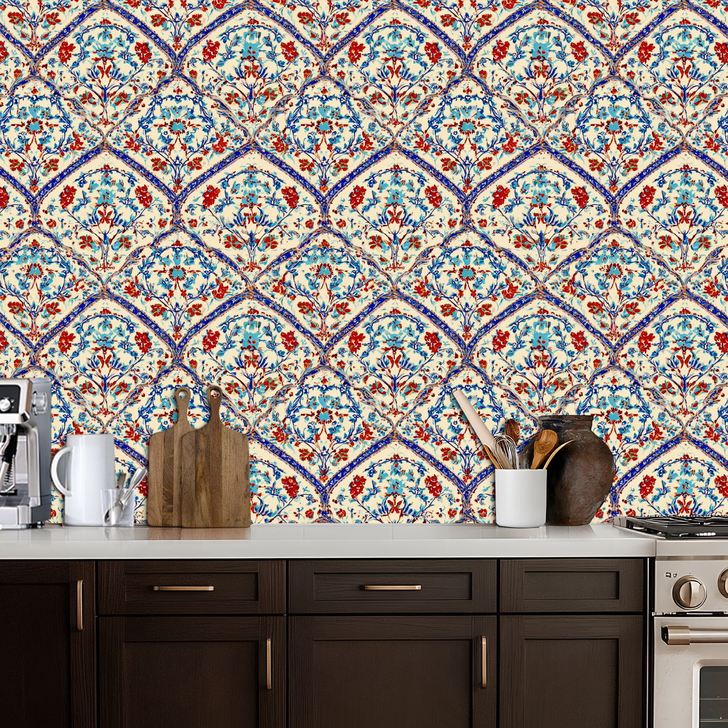 Peel and Stick Wallpaper Ornate Floral Blue Red Details Soft Beige Wall Mural 17.7in x 9.8ft Self Adhesive Removable Wall Paper Renter Friendly Wallpaper for Bedroom Livingroom Office
