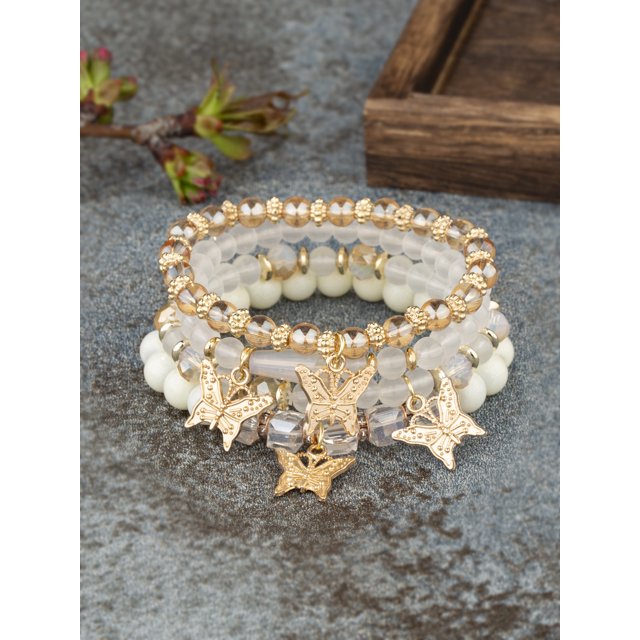 Pulseras para mujeres y niñas, juego de pulseras elásticas apilables con cuentas doradas, pulseras elásticas coloridas con dijes de mariposa, joyería Bohemia