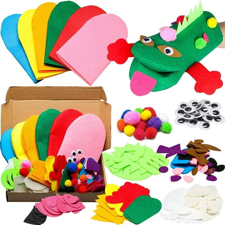 BUZIFU 6Pcs Animal Hand Puppet Making Kit for Kids Toddlers DIY Art Craft Felt Party Supplies Children Role Play Toys Puppets Show Include Colorful Hand Puppets, Pom poms, Googl Eyes, DIY Felt Decors