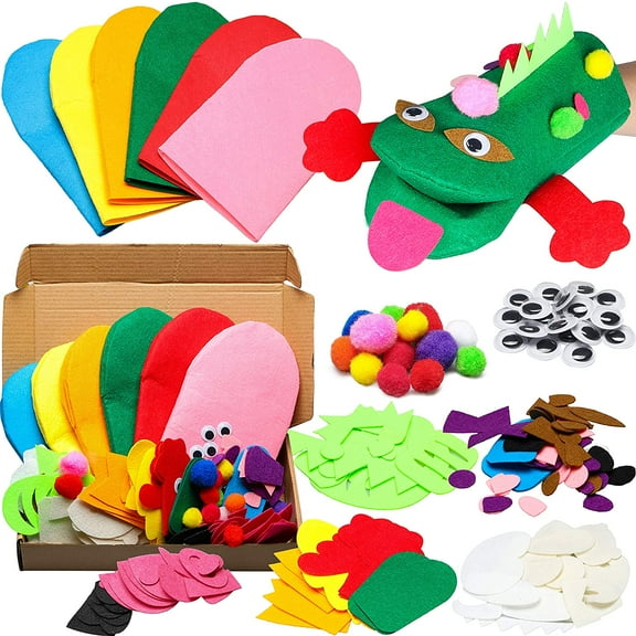 BUZIFU 6Pcs Animal Hand Puppet Making Kit for Kids Toddlers DIY Art Craft Felt Party Supplies Children Role Play Toys Puppets Show Include Colorful Hand Puppets, Pom poms, Googl Eyes, DIY Felt Decors