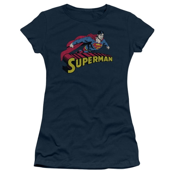 Superman Flying Over Junior Women's T-Shirt Sheer Navy