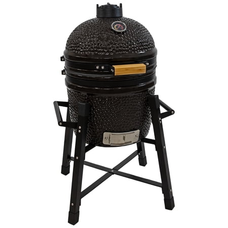 Sunnydaze Ceramic 15" Kamado Charcoal Grill with Smoker in Black with Stand and Grate