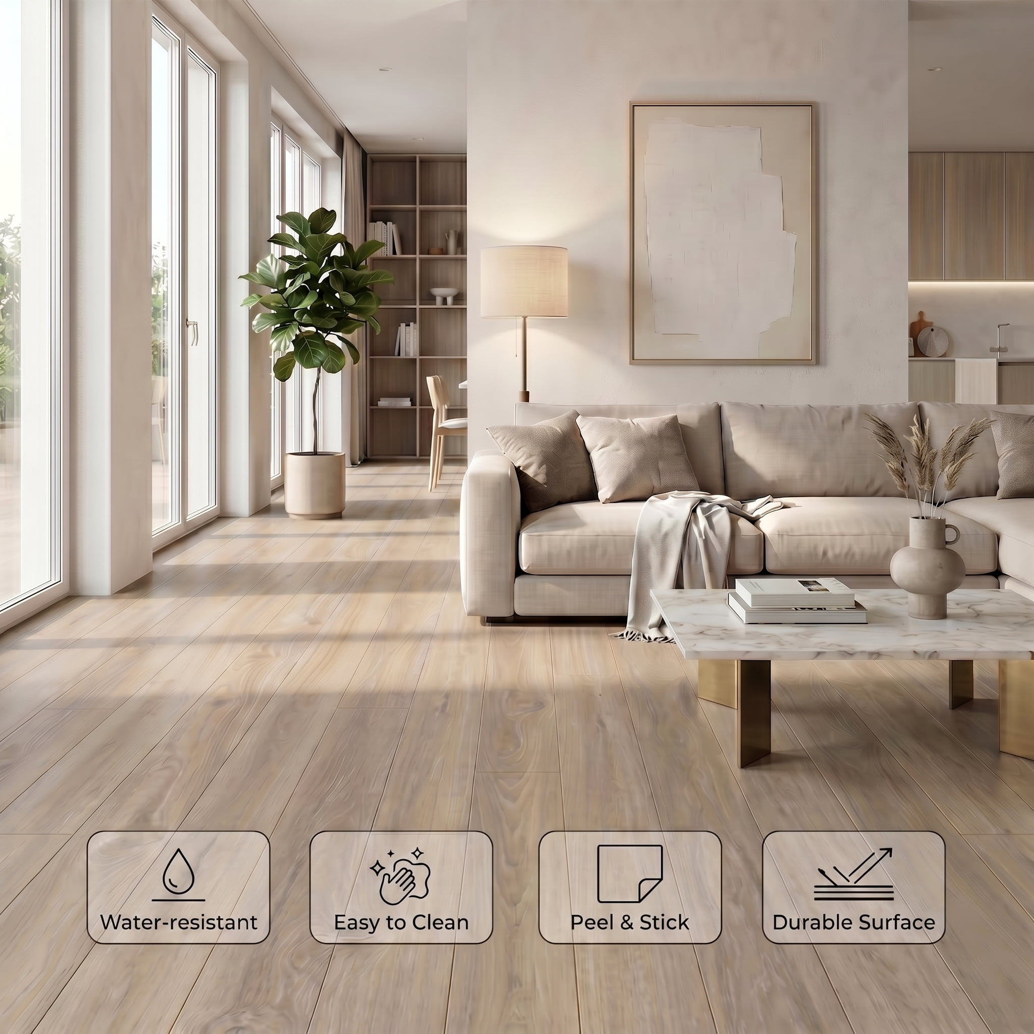 PVC Peel and Stick Flooring, 36"x6" Planks, 60 Pieces, Waterproof, Scratch Resistant, DIY Installation