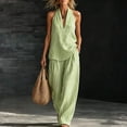thumbnail image 3 of Womens Striped 2 Piece Sets Fashion Sleeveless V Neck Halter Top Matching Baggy Wide Leg Pants Set Summer Casual Outfits,Green L, 3 of 9