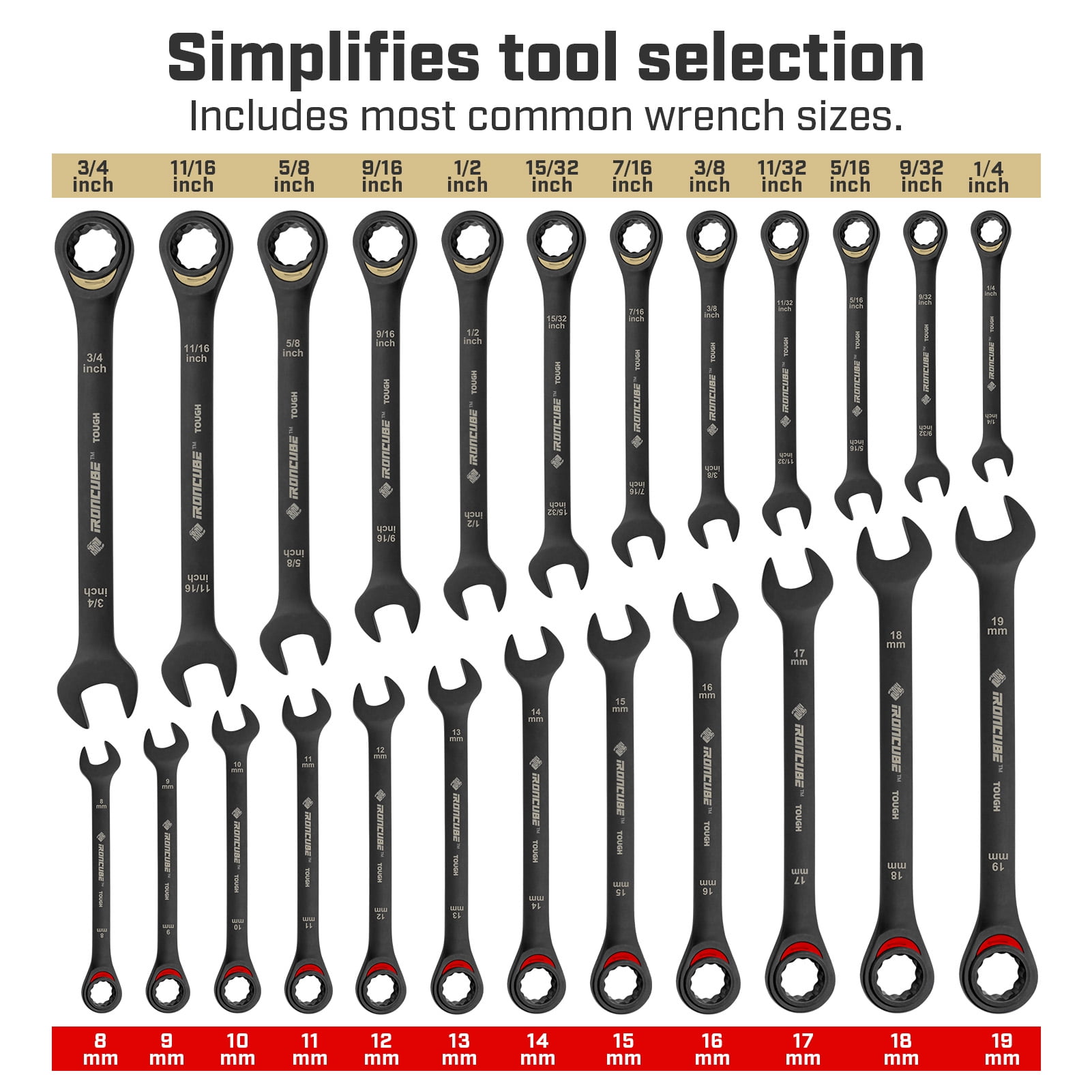 IRONCUBE 24-Piece Ratcheting Wrench Set: Metric & SAE - 8mm to 19mm & 1/4" to 3/4" - 72 tooth - Chrome Vanadium Steel - Tough Balck - with Organizer