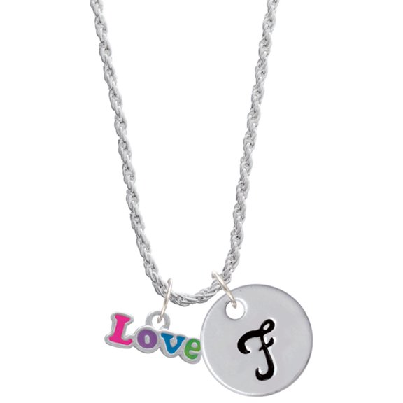 Delight Jewelry Rainbow Colored ''Love'' Silvertone Script Initial Disc - F - Charm Necklace, 20"+3"