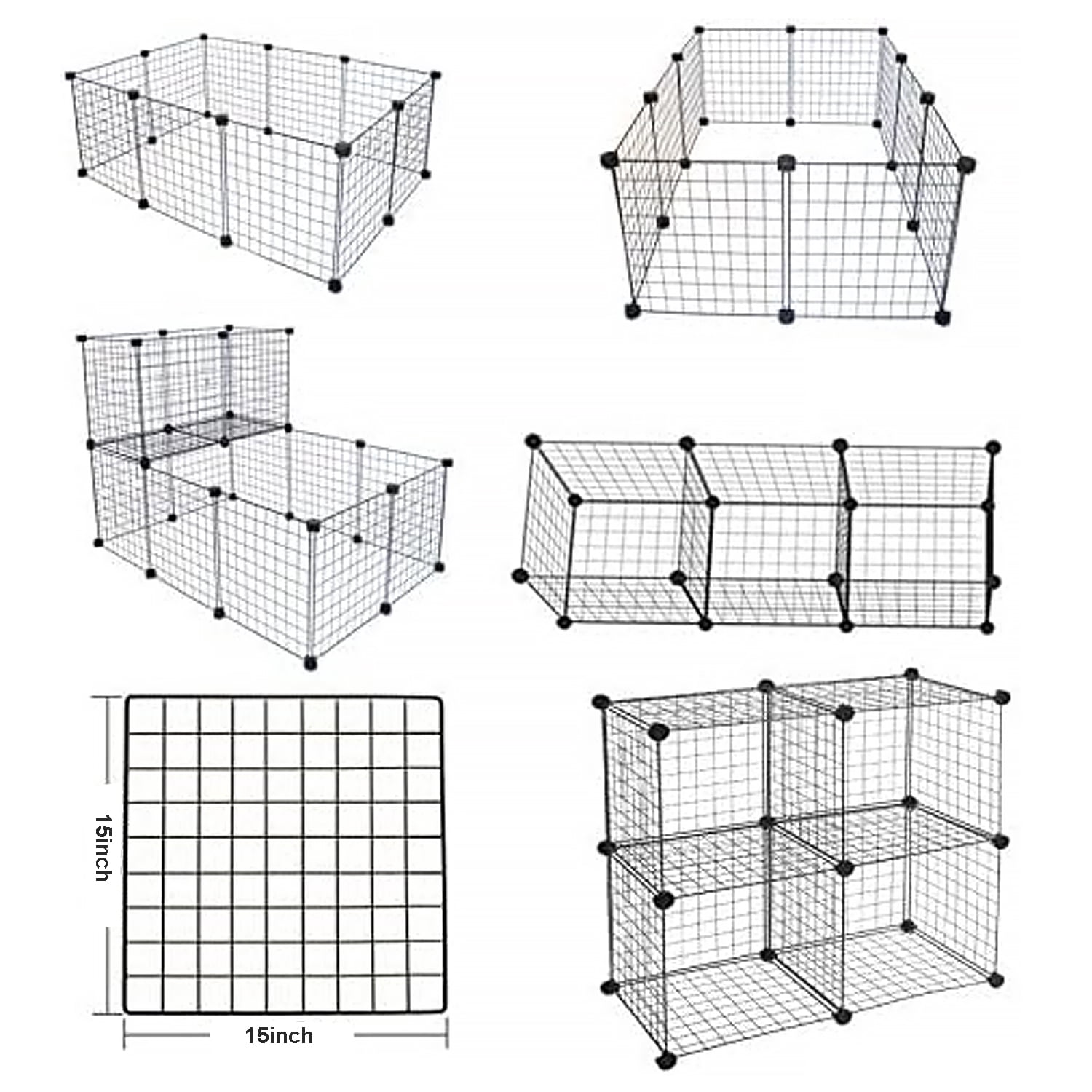 Metal Wire Storage Cubes Organizer, 15 x 15 inch DIY Small Animal Cage for Rabbit, Guinea Pigs, Puppy, Pet Products Portable Metal Wire Yard Fence (Black, 12 Panels)