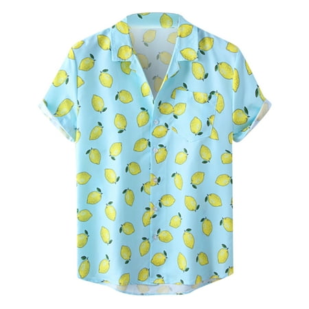 Mens Long Sleeve T Shirts Mens Shirts Men Casual Buttons Turndown Hawaiian Cuban Collar Printed Short Sleeve Shirt Mens Long Sleeve Shirts Mens Sweater on Sale Clearance Yellow,3XL
