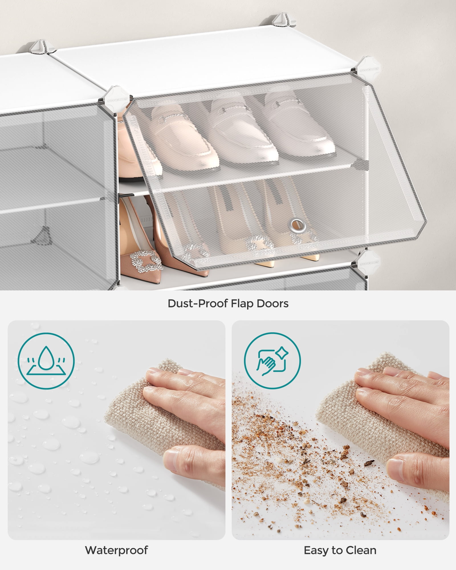 SONGMICS 10-Cube Shoe Rack with Doors, White Plastic Storage Cabinet for 40 Pairs of Shoes, Steel Frame, Entryway & Bedroom Organizer