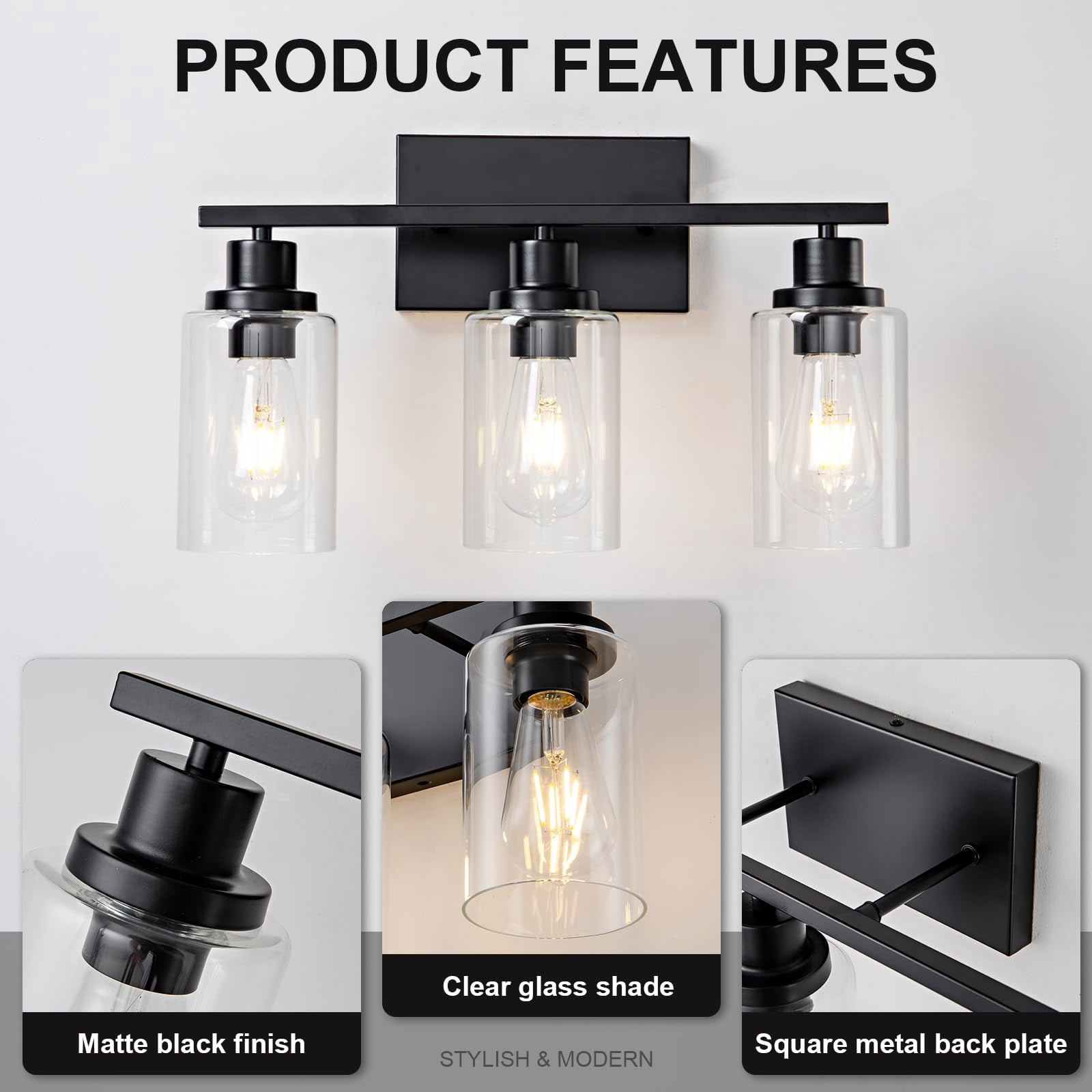 3 Light Bathroom Fixtures Black Vanity Over Mirror Modern Farmhouse Wall Lighting Sconces Rustic Industrial Lamp For  Bedroom Living Room E26 Socket With Glass Shade