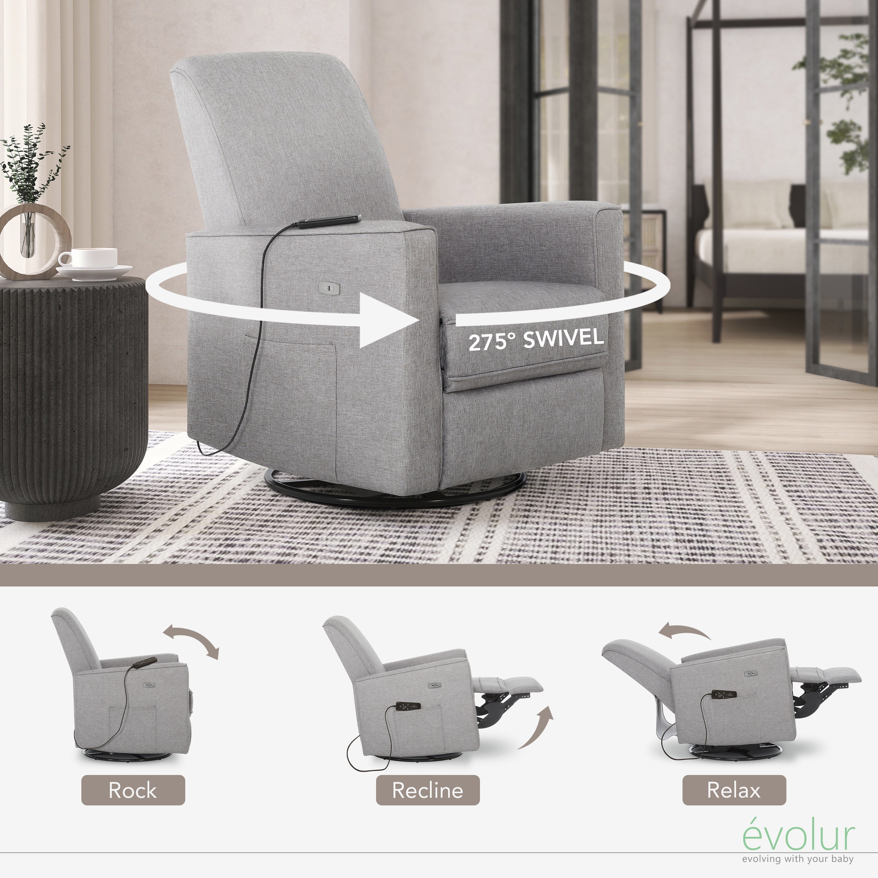 Evolur Harlow Deluxe Upholstered Plush Seating Glider Swivel, Rocker, Power Recliner USB Port with in-Built Massager, Greenguard Gold Certified, Glider Chair for Nursery in Light Grey