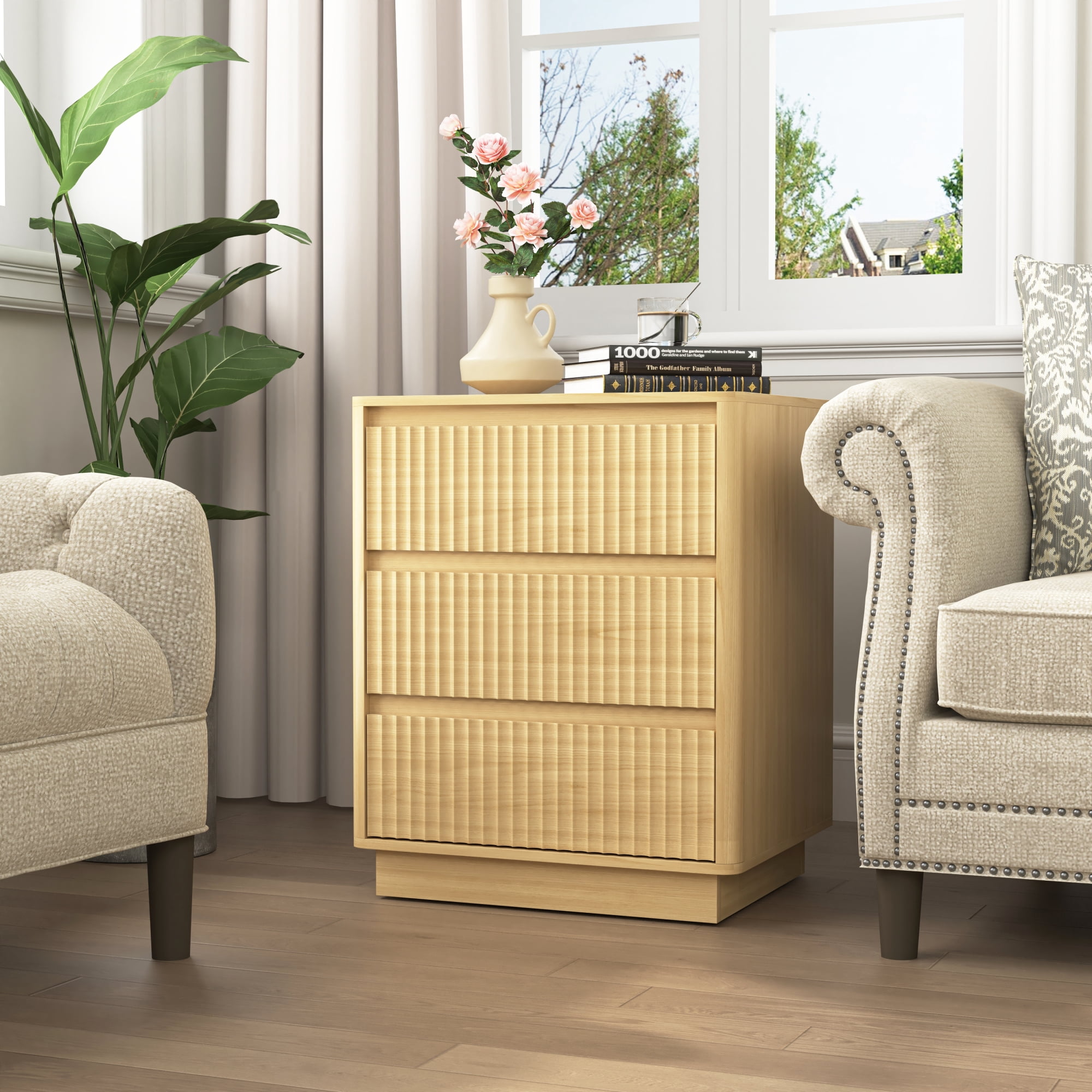 Leumius 3-Drawer Small Nightstand Set of 2 with Charging Station,Modern Sofa Side Table End Table Wood Storage Cabinet for Living Room,Bedroom,Office,Natural