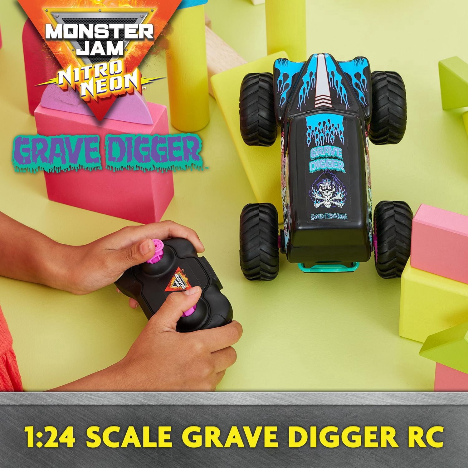 Monster Jam, Official Grave Digger Remote Control Monster Truck 1:24 Scale, 2.4GHz, Nitro Neon Themed, Kids Toys for Boys and Girls Ages 4 and up