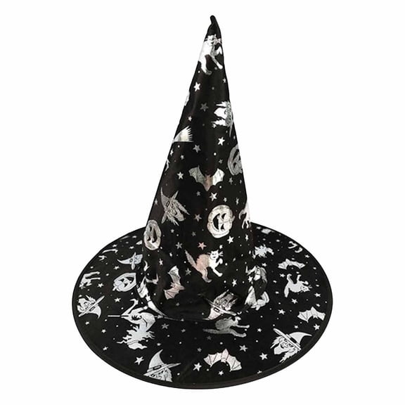 XIAOCHA Womens Printed Witch Hat Halloween Wide‑Brim Wizard Hat Party Headwear,Silver