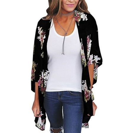 Women Floral Loose Kimono Cardigan Boho Sun Block Coat Jacket Blouse Thin Top