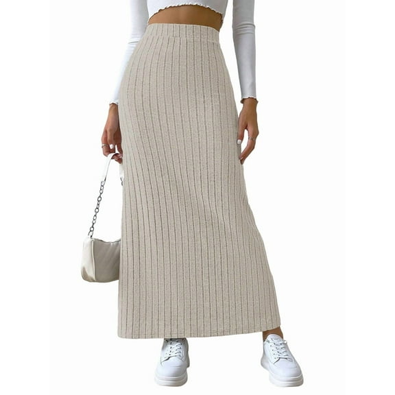 Women'S Bodycon Knitted Pencil Skirts Elastic Split High Waisted Midi Skirt Apricot L