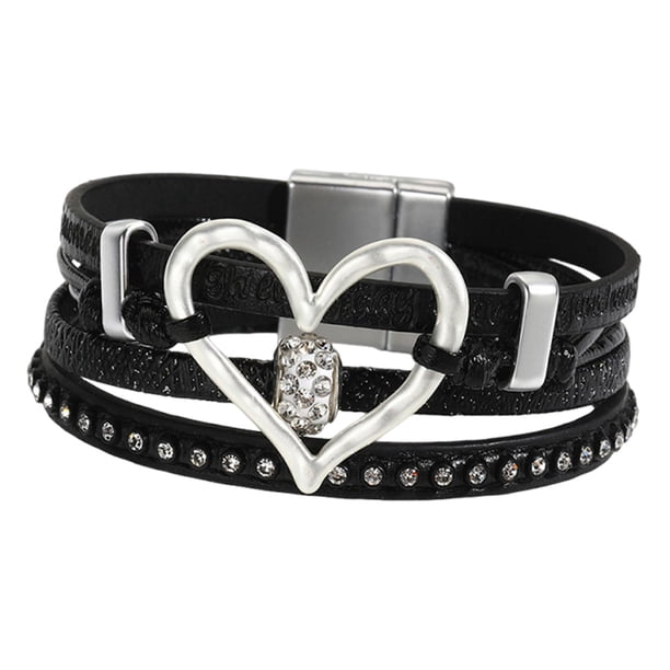 Pulsera Boho tipo brazalete Pulsera apilable Brazalete de aleación Pulsera envolvente de cuero PU Negro