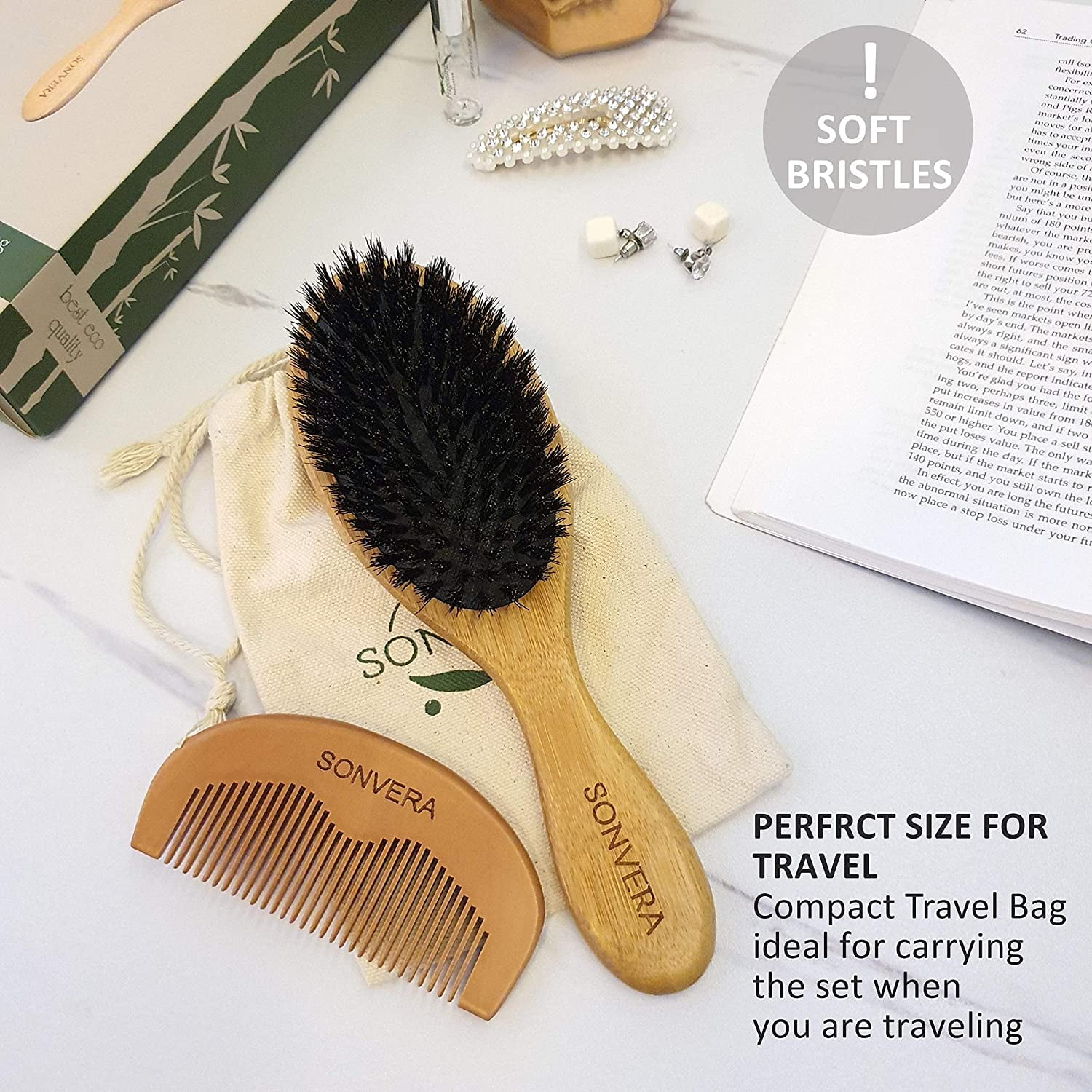 Dovahlia Boar Bristle Hair Brush Set for Women and Men - Designed for Thin  and Normal Hair - Adds Shine and Improves Hair Texture - Wood