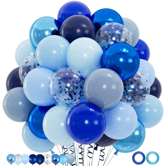 Blue Balloons Set, 95pcs 12inch Metallic Chrome, Pearl, Navy & Pastel Royal Dusty Blue Balloons for Birthdays, Father's Day, 2026 Graduation Party Decorations (2 Ribbons)