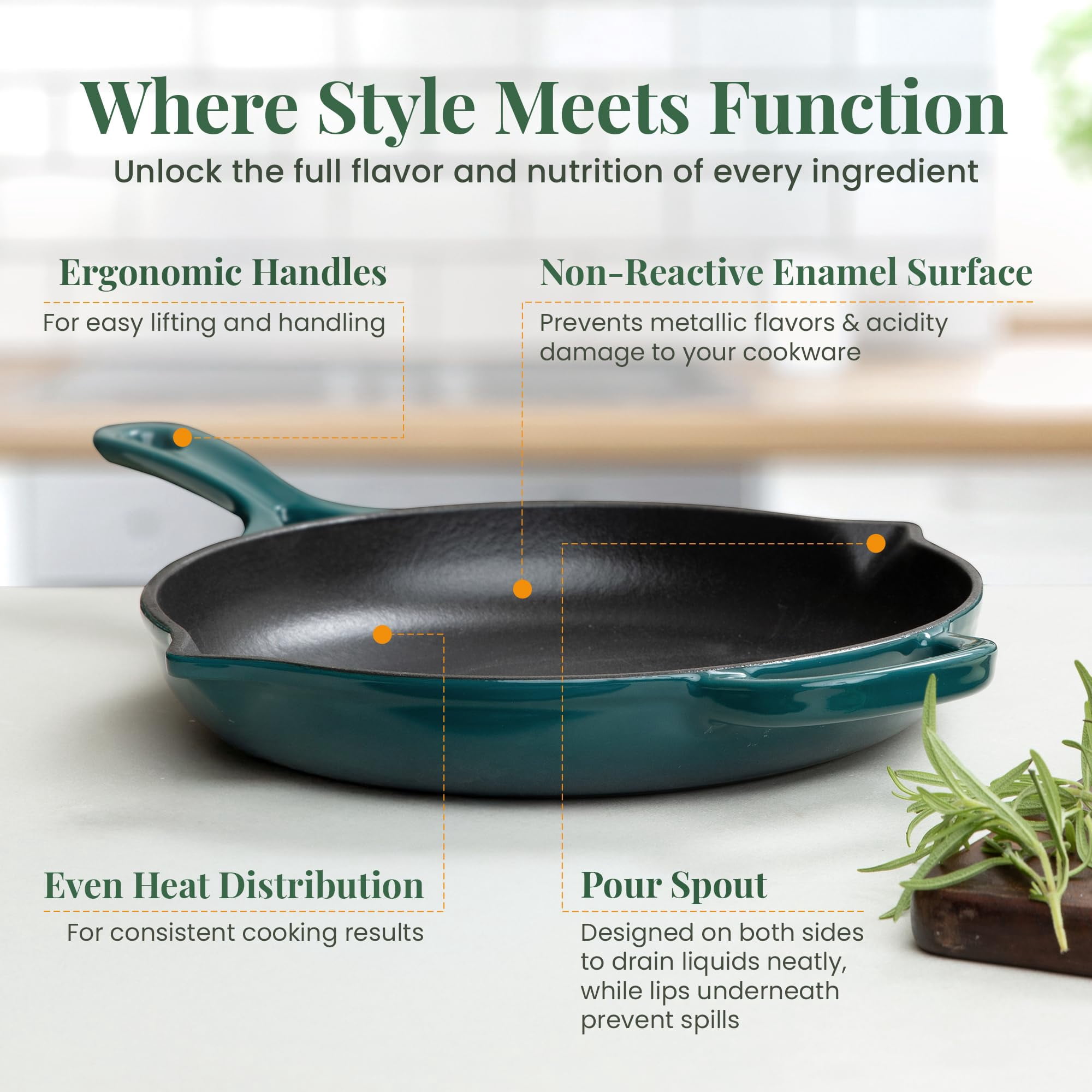 Larder & Vine 10 inch Enameled Cast Iron Frying Pan | Non Stick, Non Toxic, Oven Safe 500F