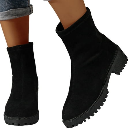 GHSOHS Boots for Women Pull on Slouch Boots Ankle Booties Shoes Fall Shoes Fashion Winter Vintage Black Boots Suede Thick Heel Short Boots Western Cowgirl Boots Rain Boots Comfort Booties Size 41