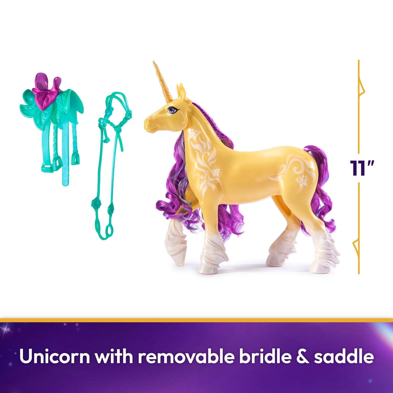 Unicorn Academy, Licorne Leaf avec mouvement de la tête, 2 accessoires d'équitation, 28 cm, compatible avec la poupée Ava, poupées et jouets licornes pour filles à partir de 4 ans