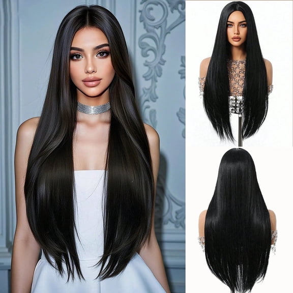 QUEENTAS 24 Inch Glueless Long Straight Black Wig for Women – Synthetic Heat-Resistant Wig, Wear & Go Pre-Plucked Natural Hairline, Everyday & Party Wig (Black)