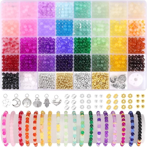 DESIGNICE 1368pcs 6mm Glass Beads for Bracelets,34 Colors Crystal Beads for Jewelry Making,Round Glass Beads for DIY Earrings Necklace Crafts with Spacer Beads and Charms,Solid and Gradient Colors