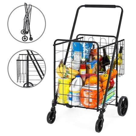 Best Choice Products 24.5x21.5in Portable Folding Multipurpose Steel Storage Utility Cart Dolly for Shopping, Groceries, Laundry with Bonus Basket, Swivel Double Front Wheels, (Best Pos System For Grocery Store)