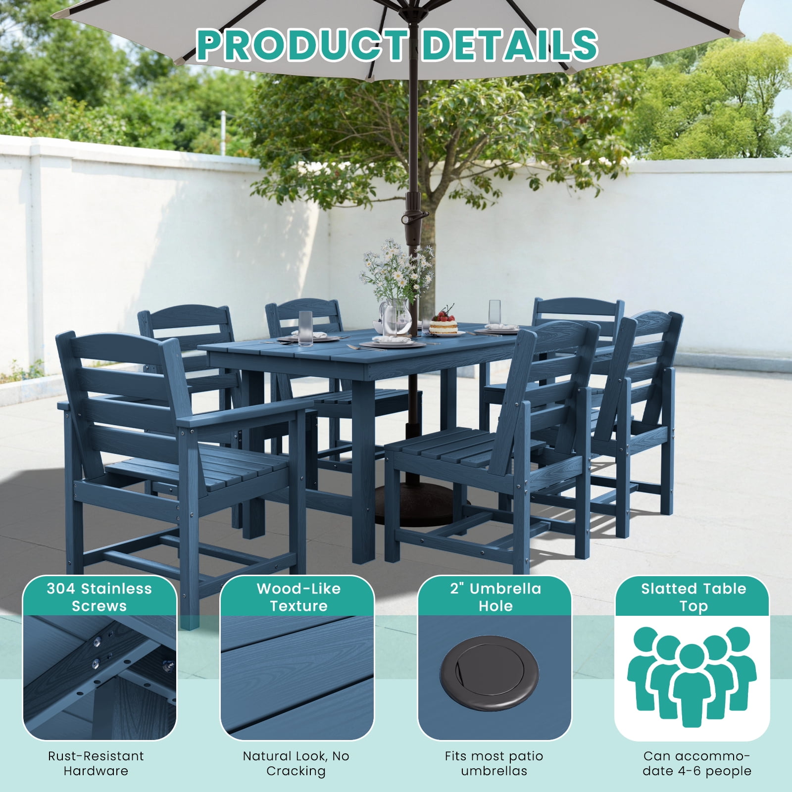 LOYALICE 7 PC Outdoor Patio Furniture Set, Patio Dining Sets, 6 Chairs and 1 Table, Navy Blue