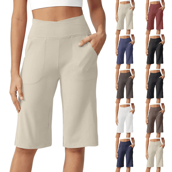 Petite Capri Shorts for Women Knee Length Stretch Bermuda Casual Long Shorts With Pockets Summer Outdoor Walking Lounge Gym Beige XL