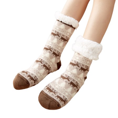 

Kripyery 1 Pair Floor Socks Mid-calf Sherpa Lining Stretchy Soft Christmas Reindeer Pattern Feet Protection Non-slip Winter Thermal Women Indoor Home Slipper Sleeping Socks for Home