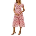 thumbnail image 5 of Gyujnb V Neck Ruffle Flutter Sleeve Heart Print Maternity Midi Dress Lightweight Breathable Chiffon Tiered Ruffle Hem Empire Waist Loose Gown,S, 5 of 9