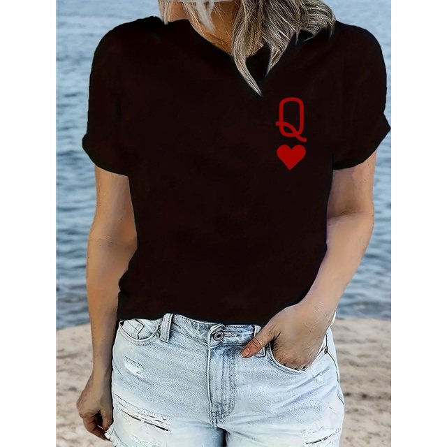 T-Shirt Graphique Reine de Cœur Extensible Moyen pour Femmes, T-Shirt Décontracté à Col Rond et Manches Courtes en Coton pour Toutes les Saisons, T-Shirts Confortables