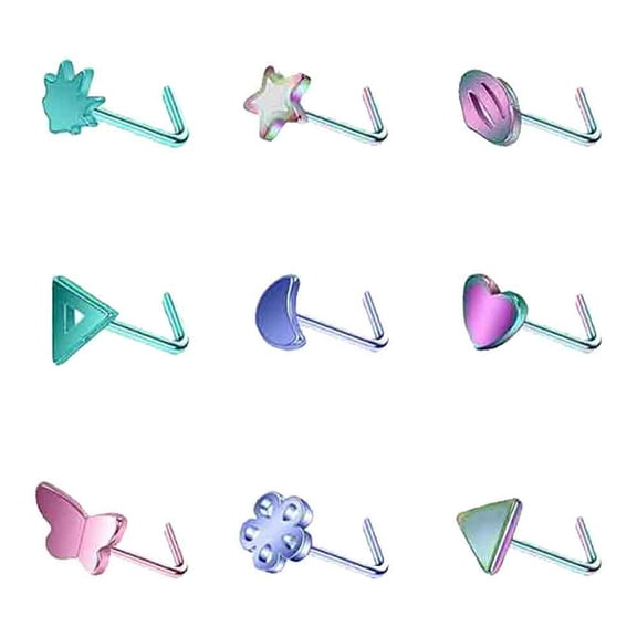 ZS 9Pcs 20G L-Shaped Nose Rings Heart Star Nose Piercing Cute Nose Stud